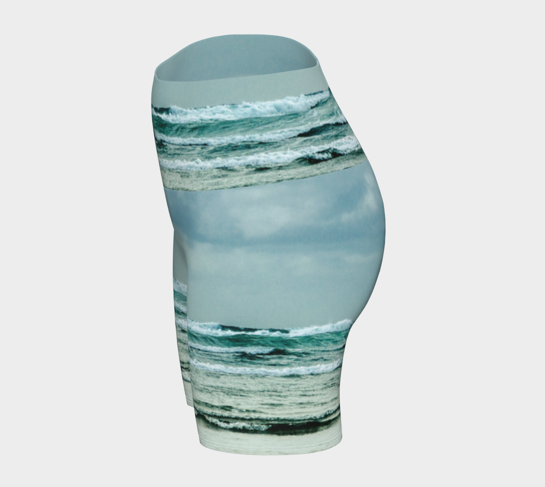 This all over printed Ocean Calling Tofino yoga shorts features an image of the waves at Long Beach Tofino.
