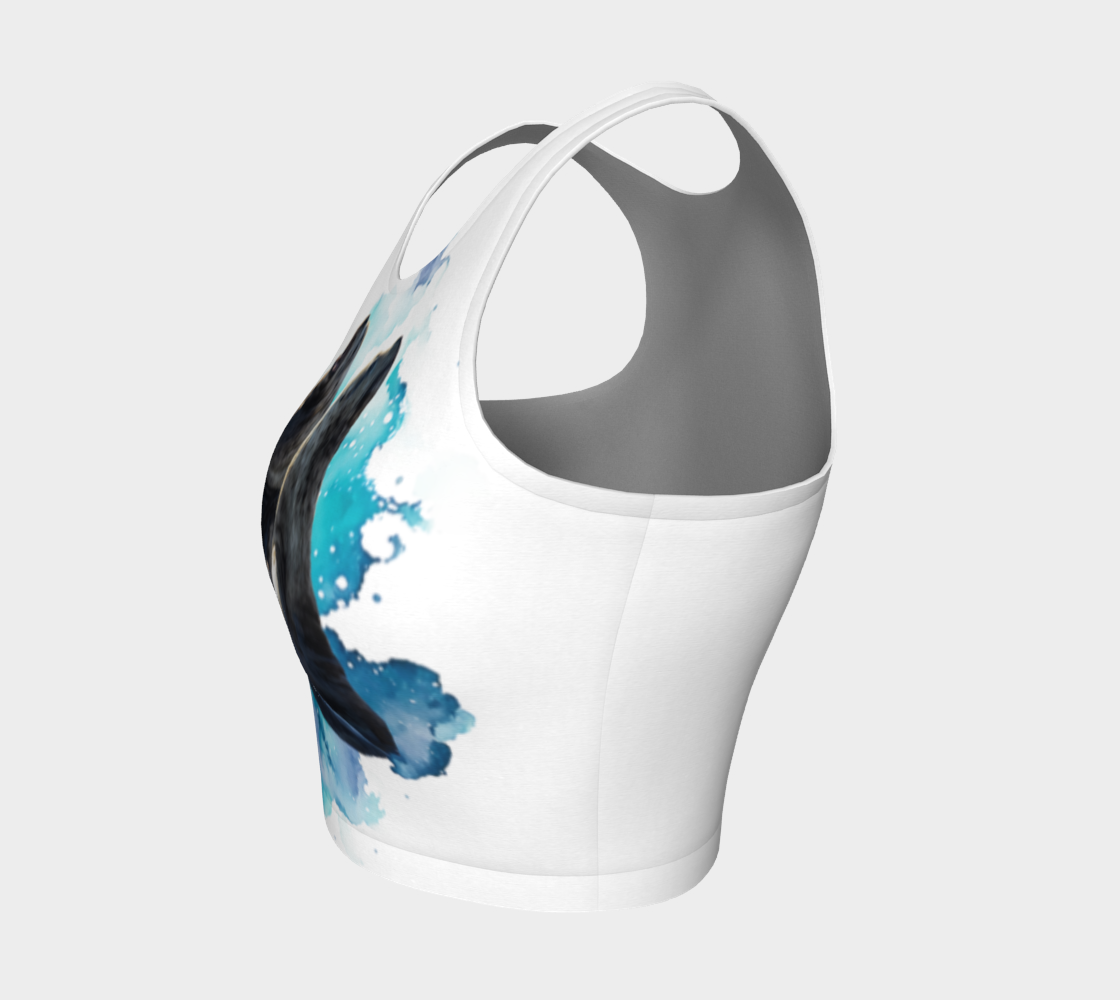 Sea Lions Communication Active Crop Top. The image on the top is of two sea lions talking to one another. The image is on a blue turquoise abstract background on a white top.