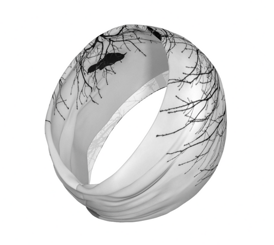 headband neck gaiter with a image of a tree with several crows in it. Black and white.