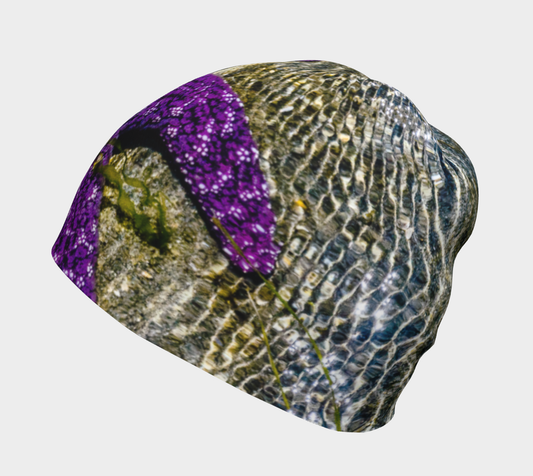 Left side Image of a starfish at low tide printed on a beanie from Vancouver Island.