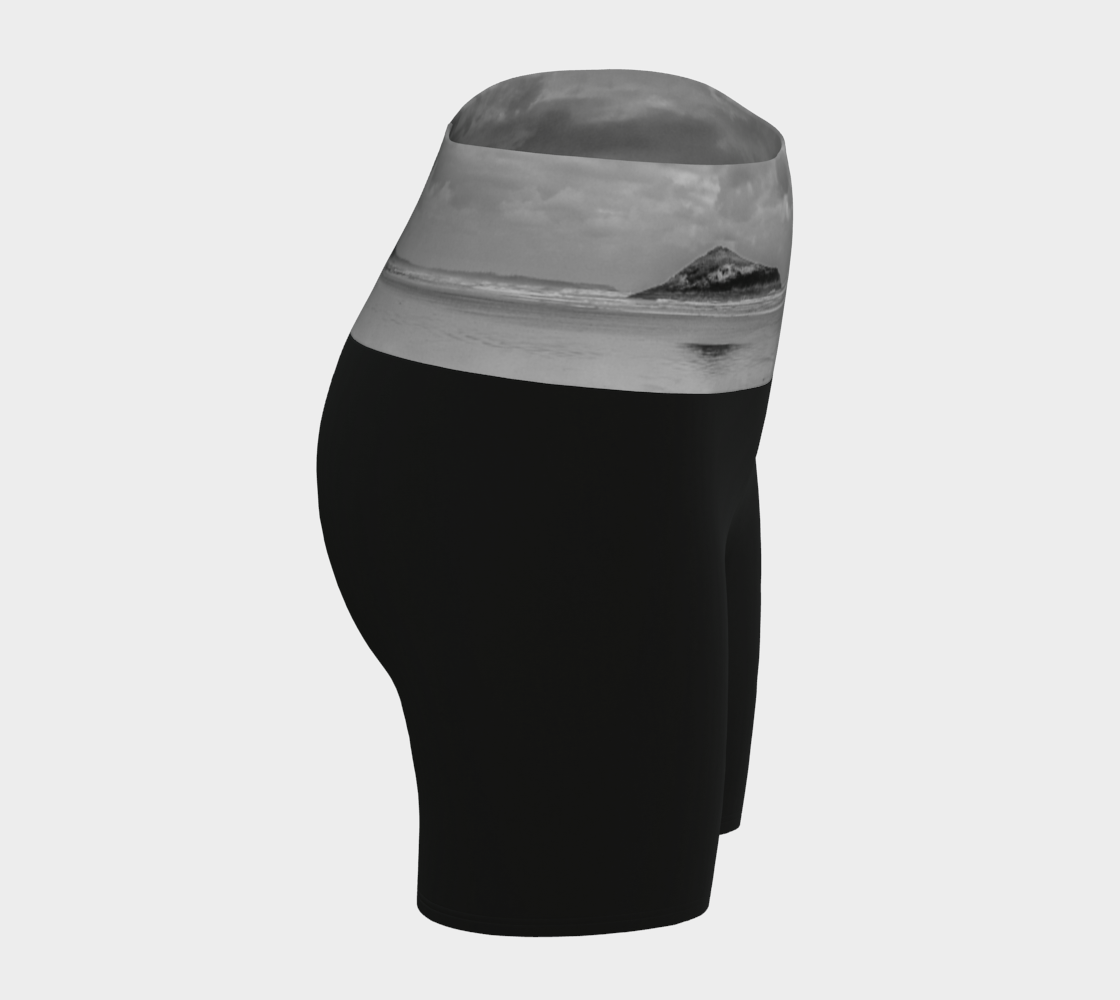 Long Beach Tofino printed waist band on the yoga shorts. The rest of the shorts are black.