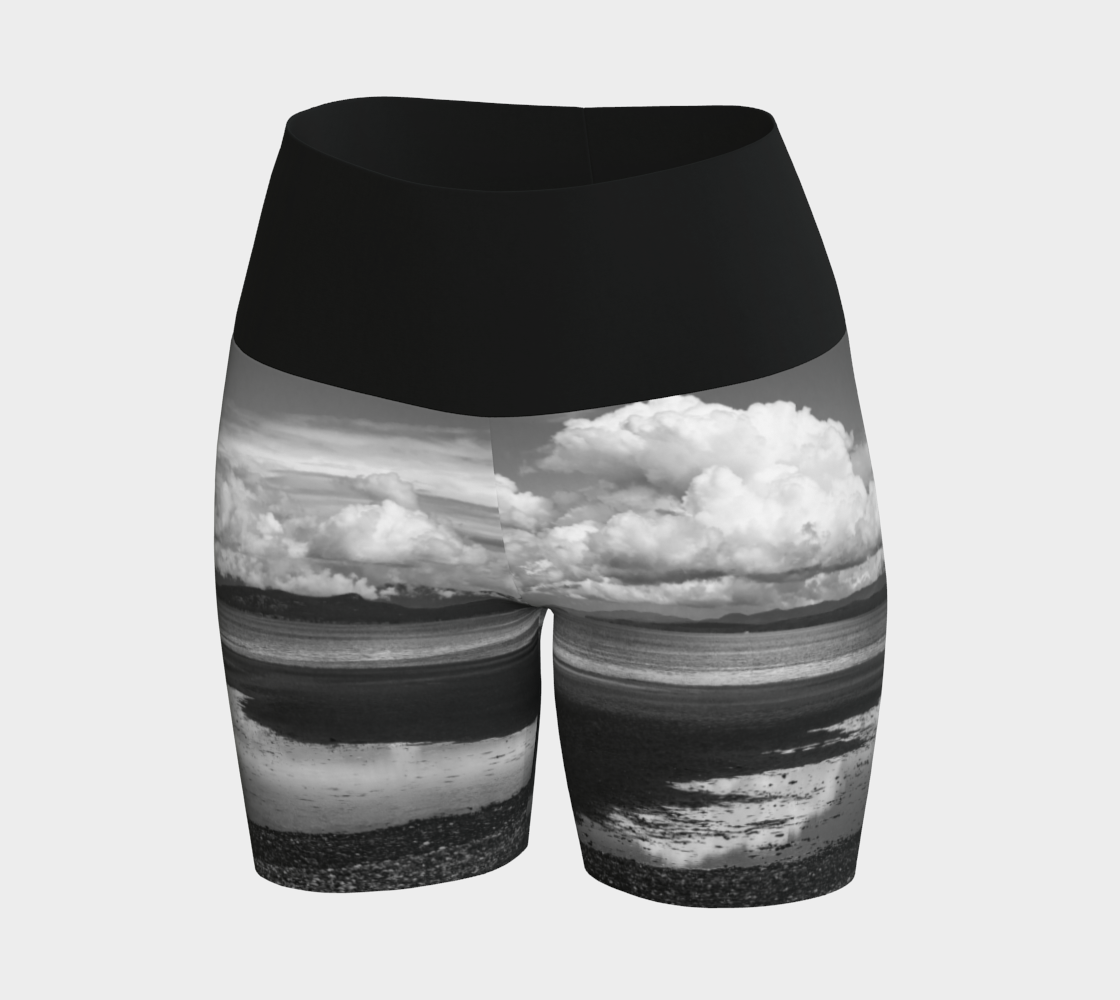 Parksville beach yoga shorts feature an all over print on the bottom of the yoga short of Parksville Beach at low tide. The waistband is black.