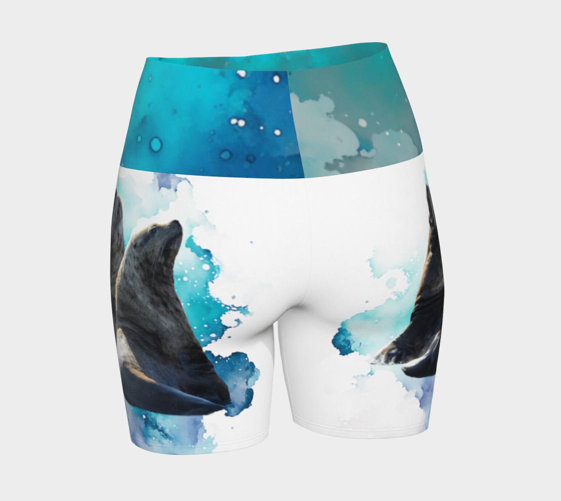 Sea Lions Communication yoga shorts features an image of two sea lions one is barking and the other is listening. The shorts are predominantly white.