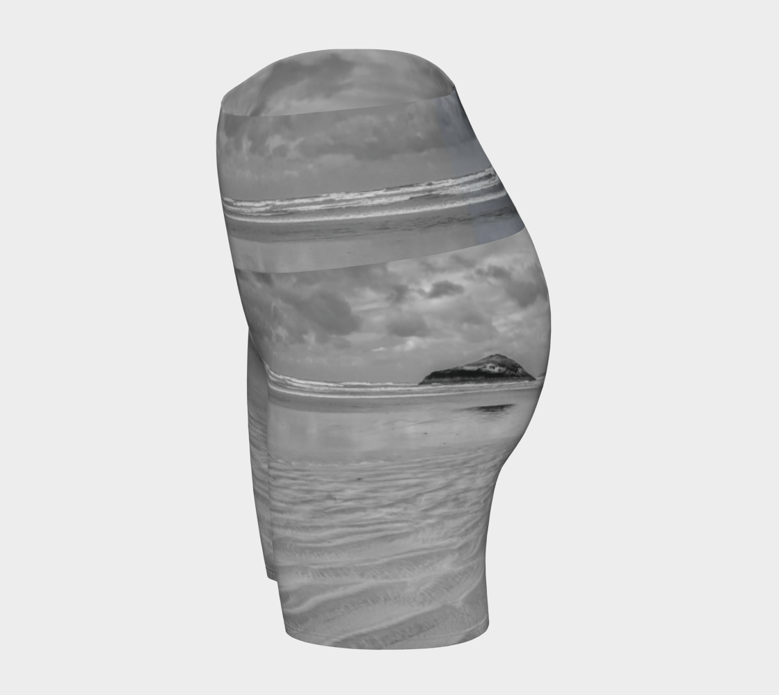 Long beach Tofino all over printed yoga shorts. The image is of lovekin rock at long beach tofino.