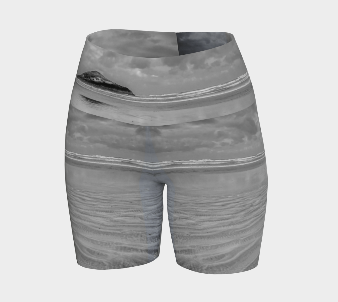 Long beach Tofino all over printed yoga shorts. The image is of lovekin rock at long beach tofino.