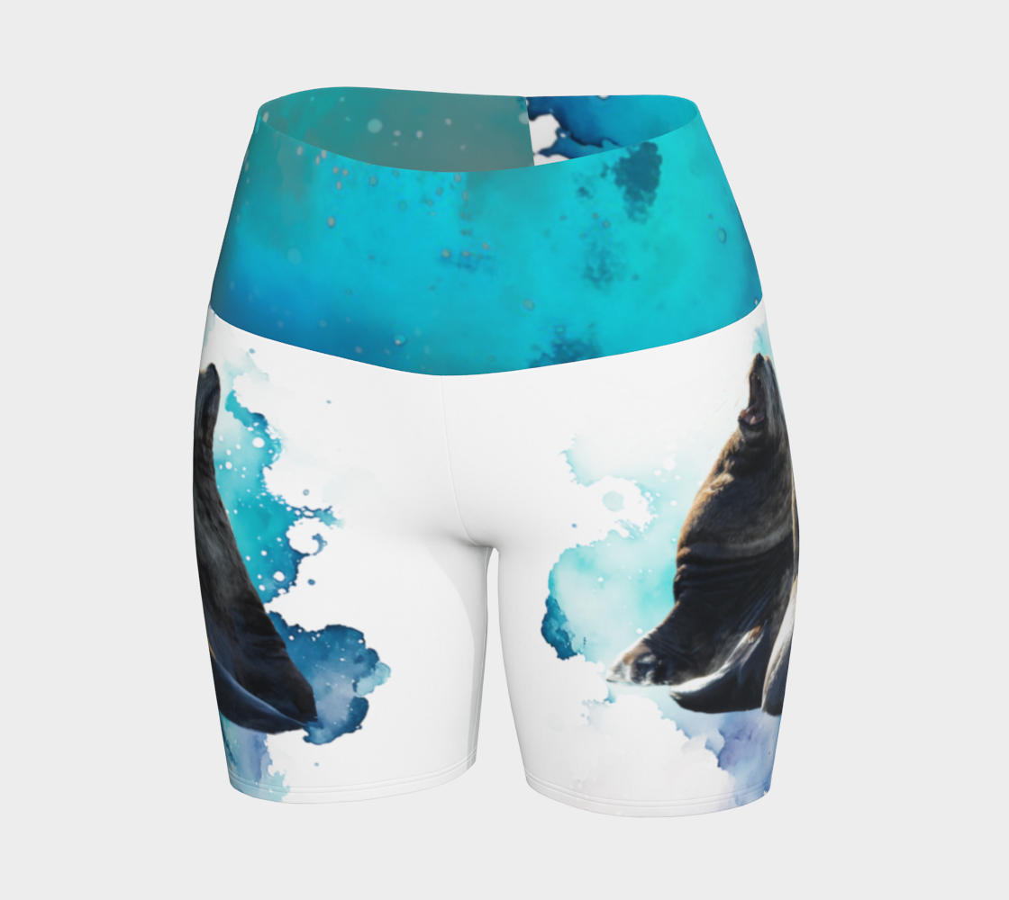 Sea Lions Communication yoga shorts features an image of two sea lions one is barking and the other is listening. The shorts are predominantly white.