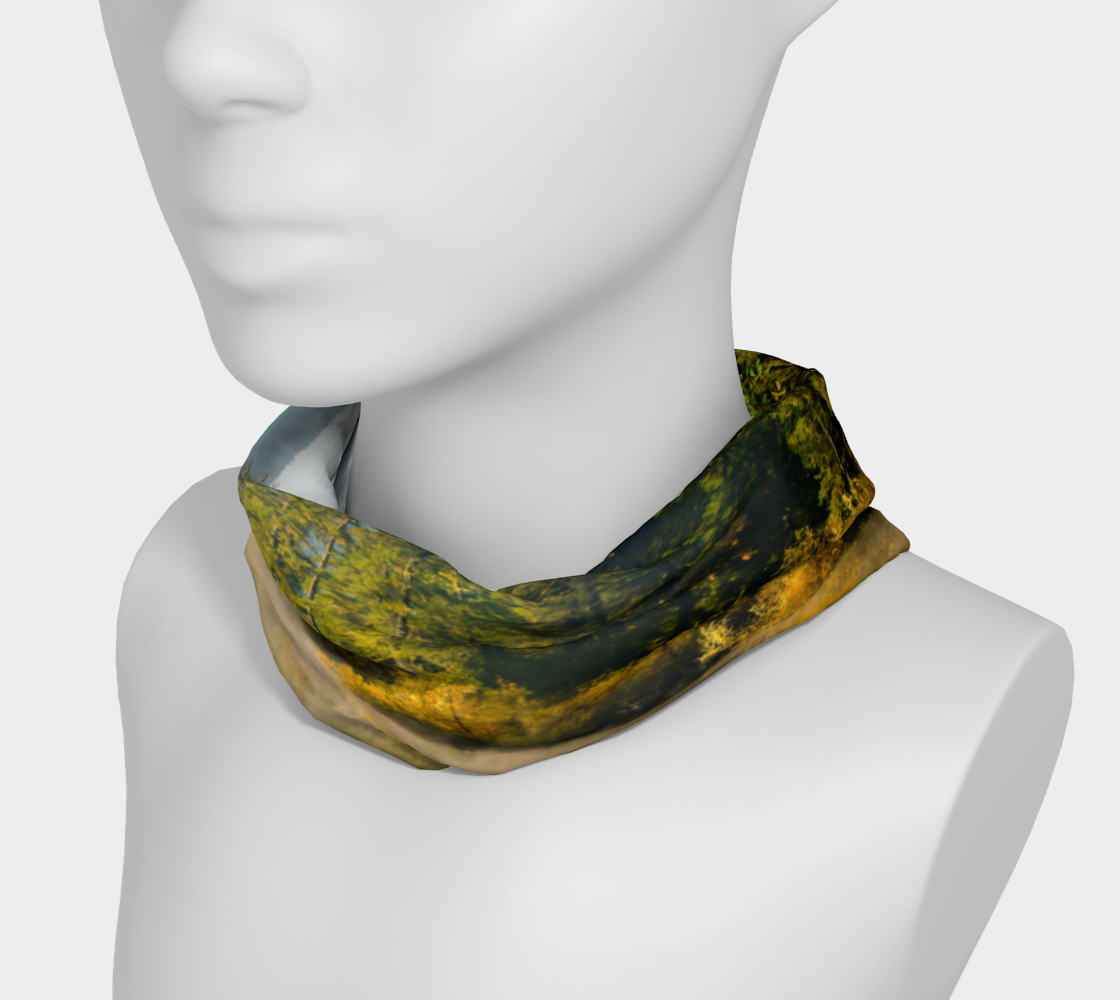 headband and or neck gaiter features an image of fairy lake on vancouver island.