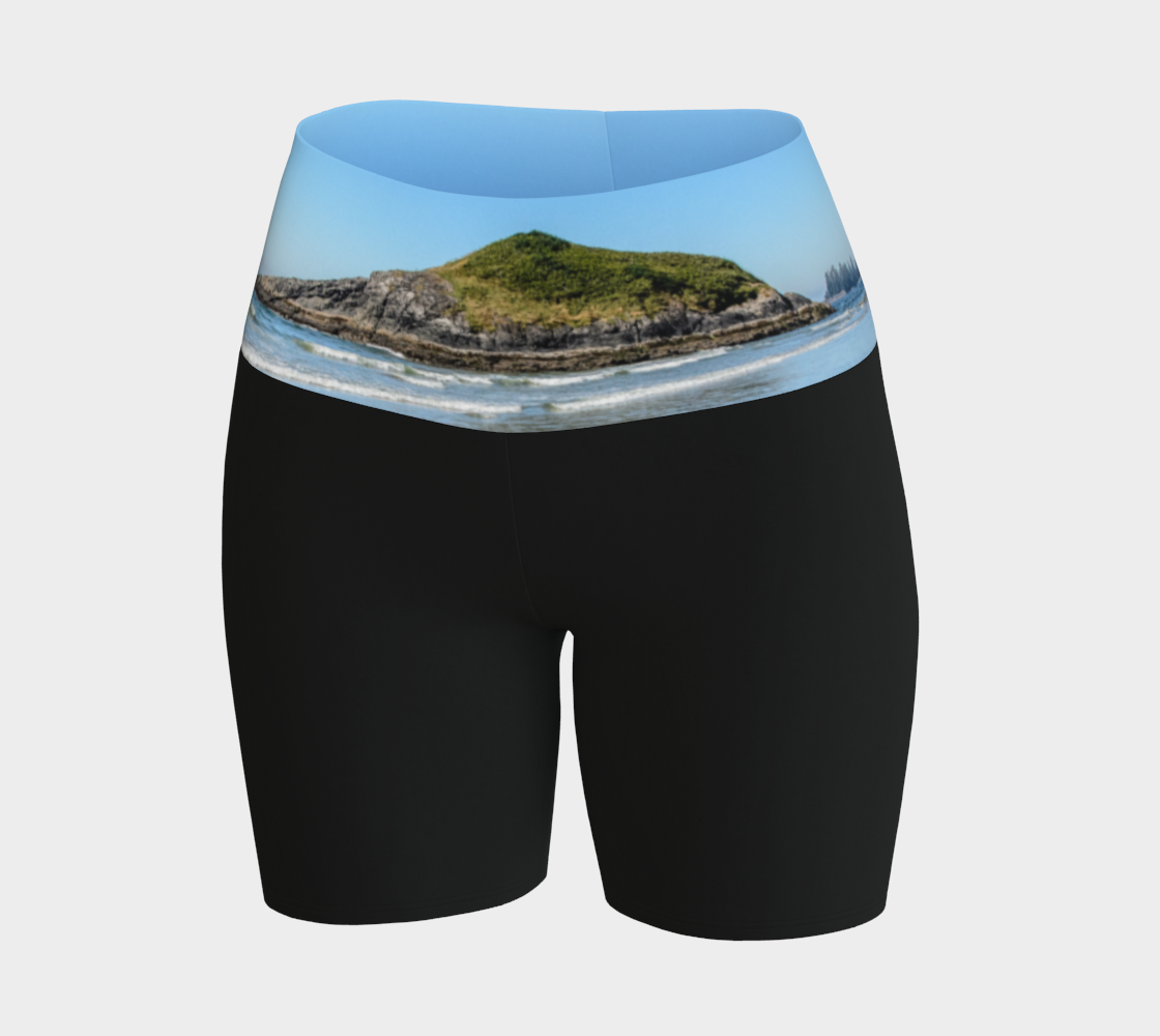 Lovekin rock long beach tofino image is printed on the waist band of the yoga shorts. The rest of the shorts is black.