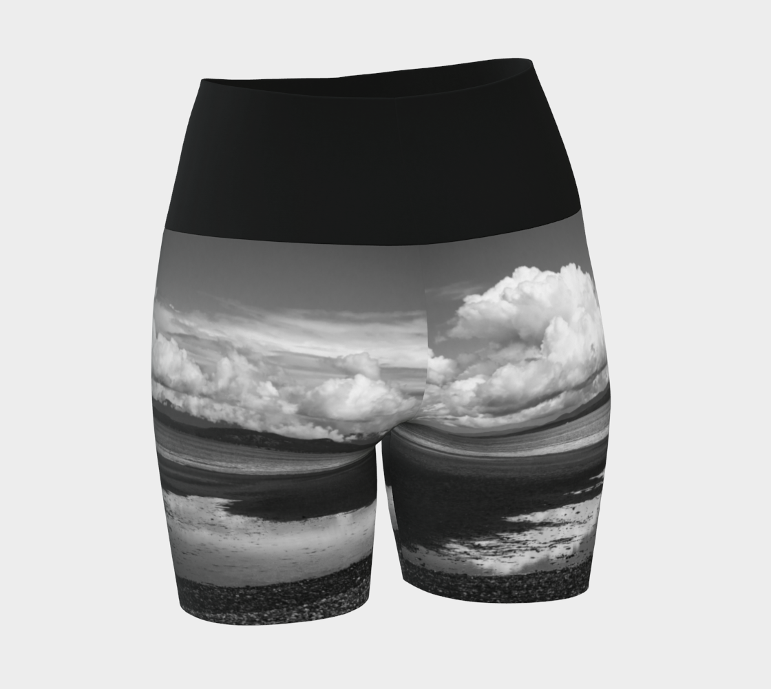 Parksville beach yoga shorts feature an all over print on the bottom of the yoga short of Parksville Beach at low tide. The waistband is black.