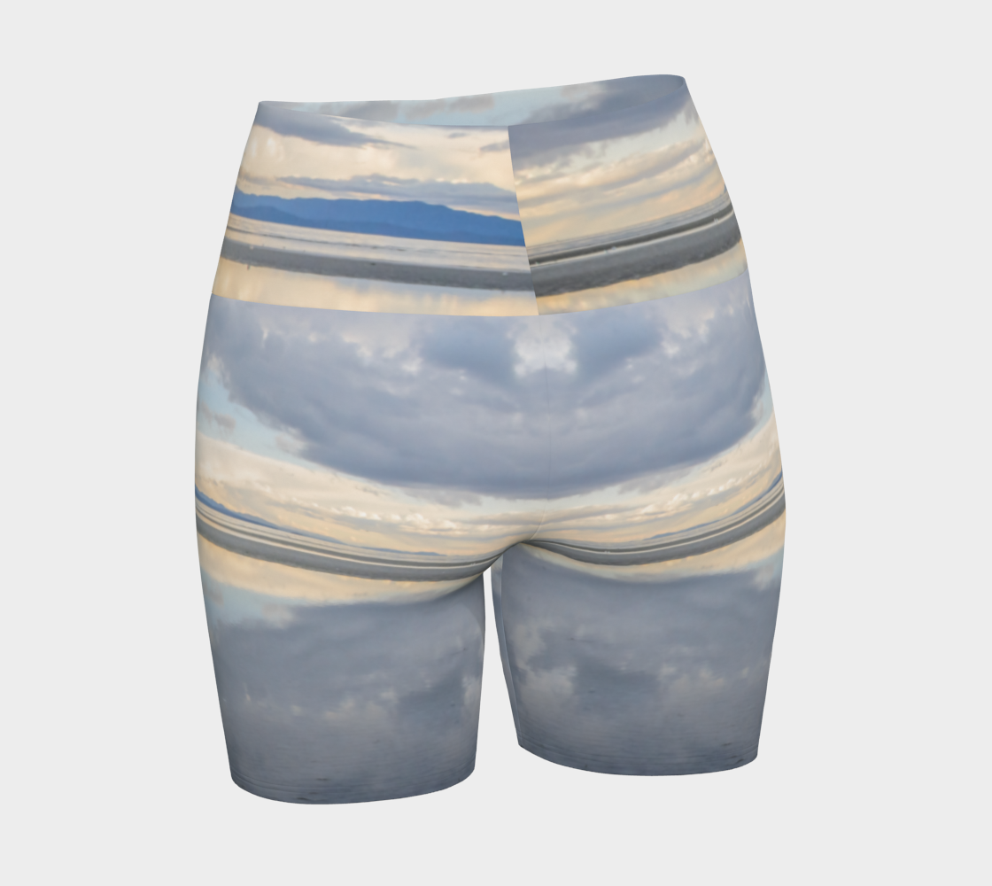 Light Language Parksville Beach yoga shorts. All over printed with an image of the sunrise in the early summer morning on the beach. The view is of the islands across from Vancouver island.