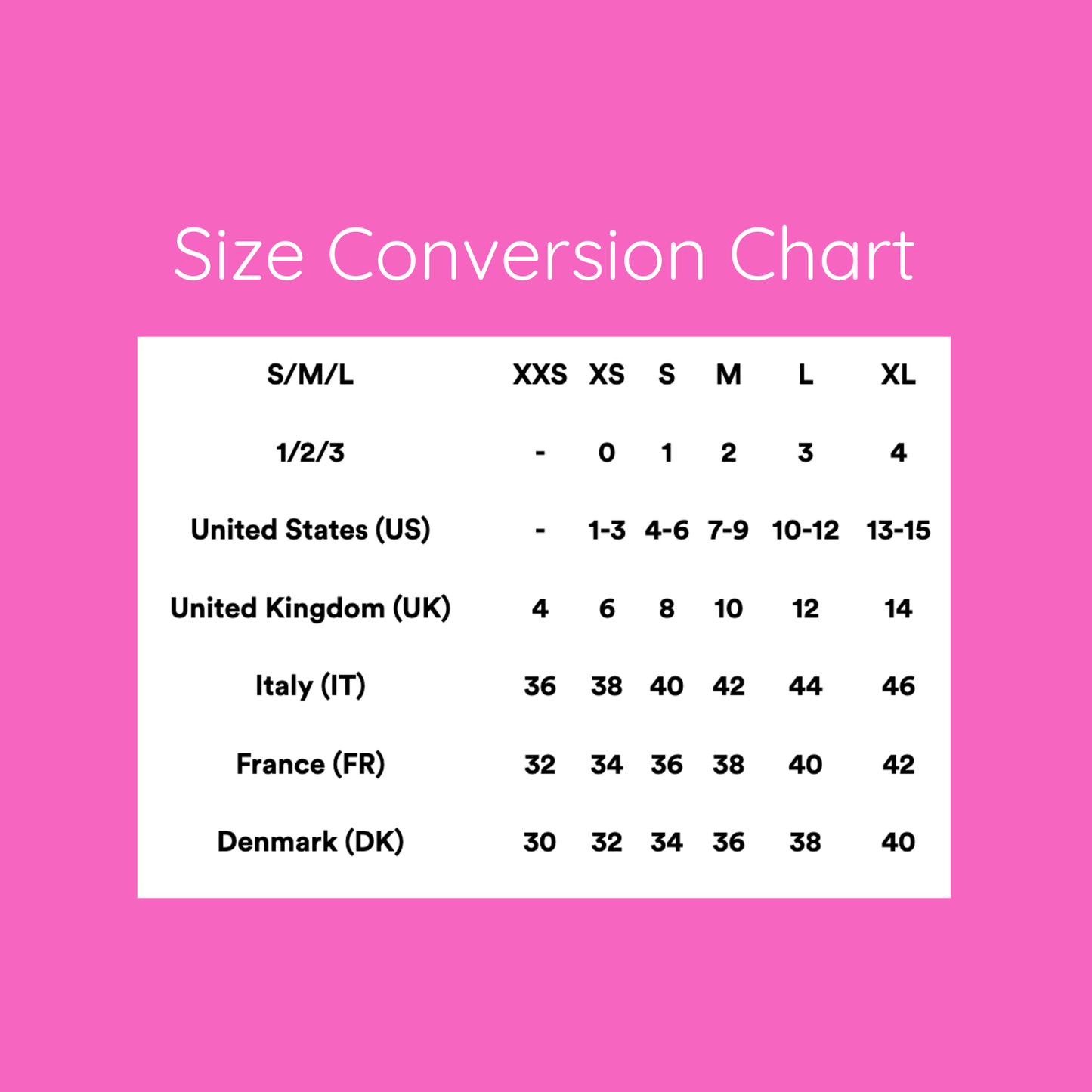 Size conversion chart on a pink background