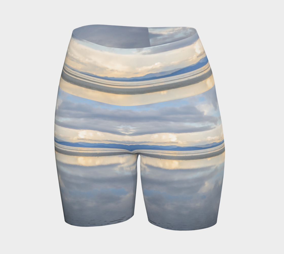 Light Language Parksville Beach yoga shorts. All over printed with an image of the sunrise in the early summer morning on the beach. The view is of the islands across from Vancouver island.