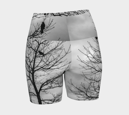 All over print crows yoga shorts. Black and white image of crows in a tree.
