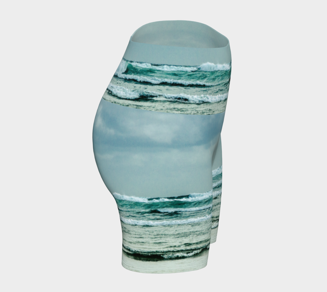 This all over printed Ocean Calling Tofino yoga shorts features an image of the waves at Long Beach Tofino.