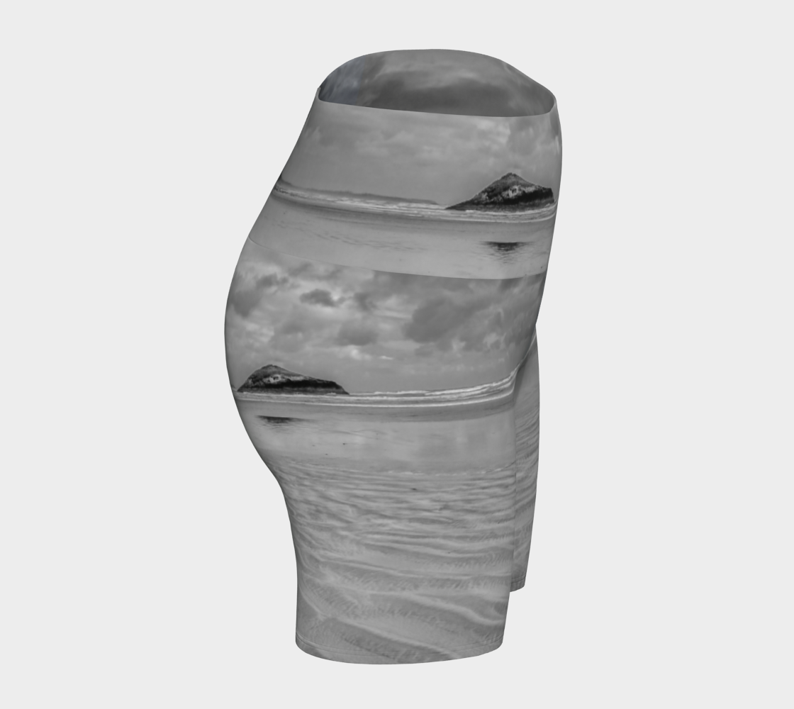 Long beach Tofino all over printed yoga shorts. The image is of lovekin rock at long beach tofino.