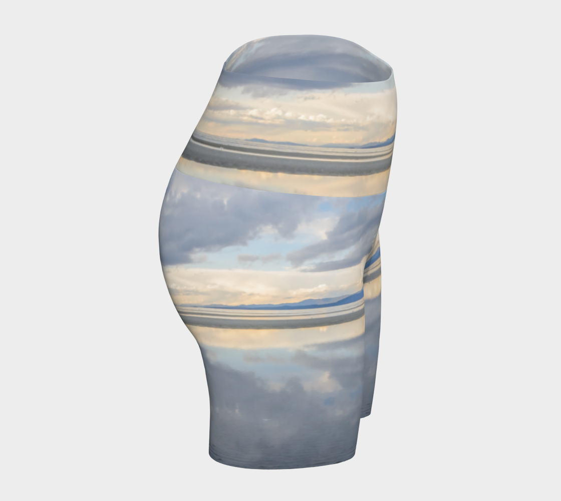 Light Language Parksville Beach yoga shorts. All over printed with an image of the sunrise in the early summer morning on the beach. The view is of the islands across from Vancouver island.