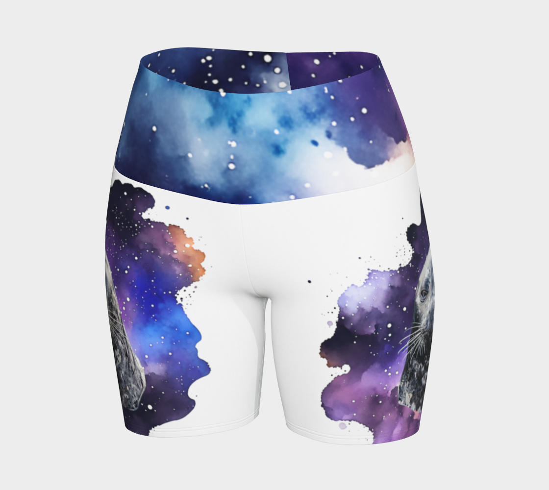 I Love Lucy Yoga shorts. All over print with a colourful celestial abstract and a image of a harbour seal named Lucy. The shorts are white with the image printed on it plus the band.