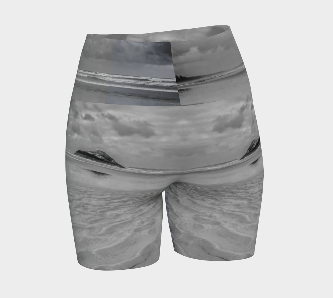 Long beach Tofino all over printed yoga shorts. The image is of lovekin rock at long beach tofino.
