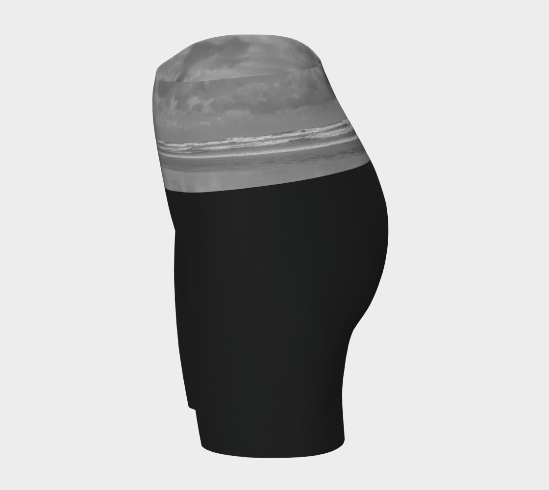 Long Beach Tofino printed waist band on the yoga shorts. The rest of the shorts are black.
