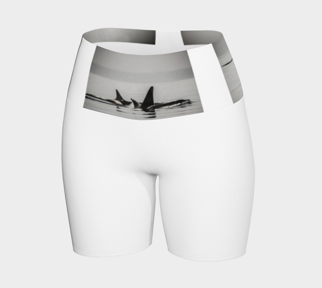 Orca Triptych Yoga Shorts! Made with three stunning orca images printed on the waistband of the yoga shorts. The rest of the shorts are white.