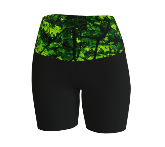 Canopy of Leaves yoga shorts. The high waist band features a canopy of leaves printed on it. the bottom portion of the shorts are black.