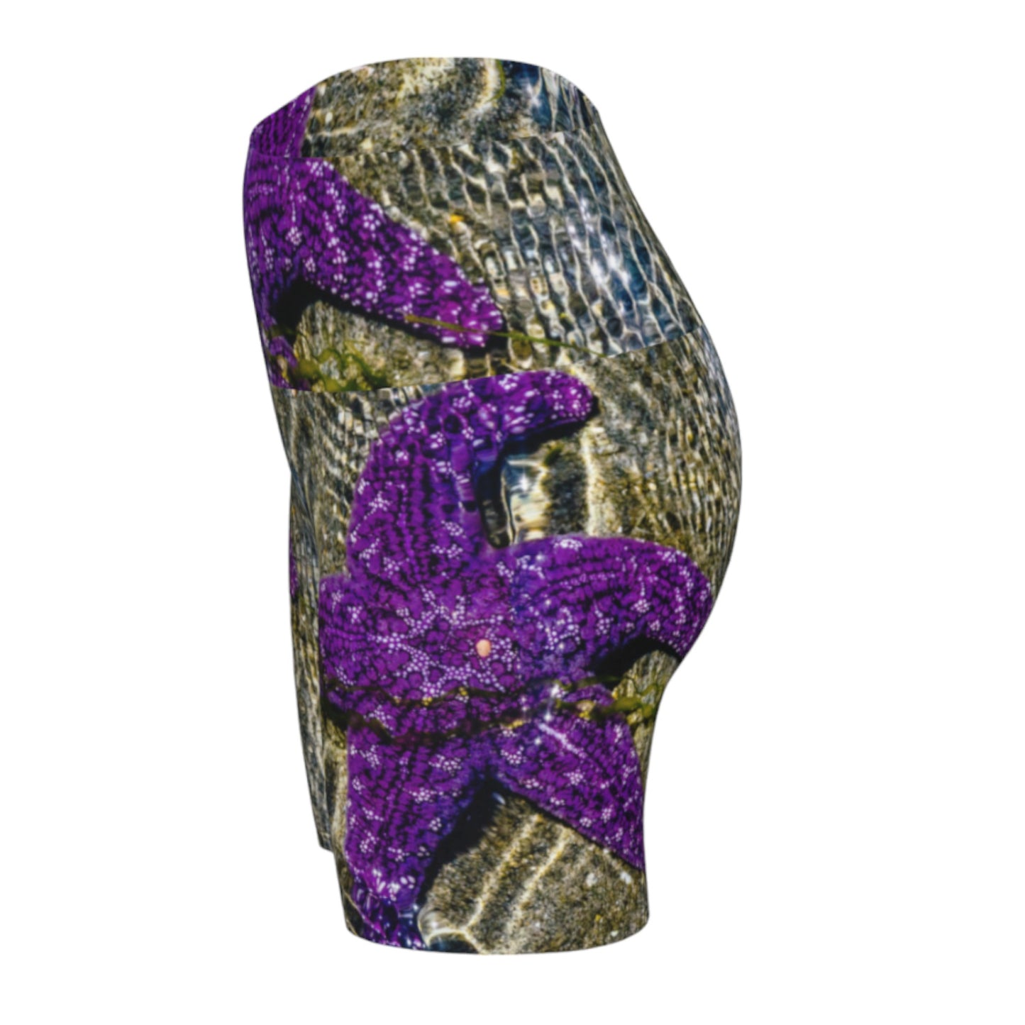 Amazing Starfish Yoga shorts features an all over print of an amazing purple starfish just under the water at low tide.