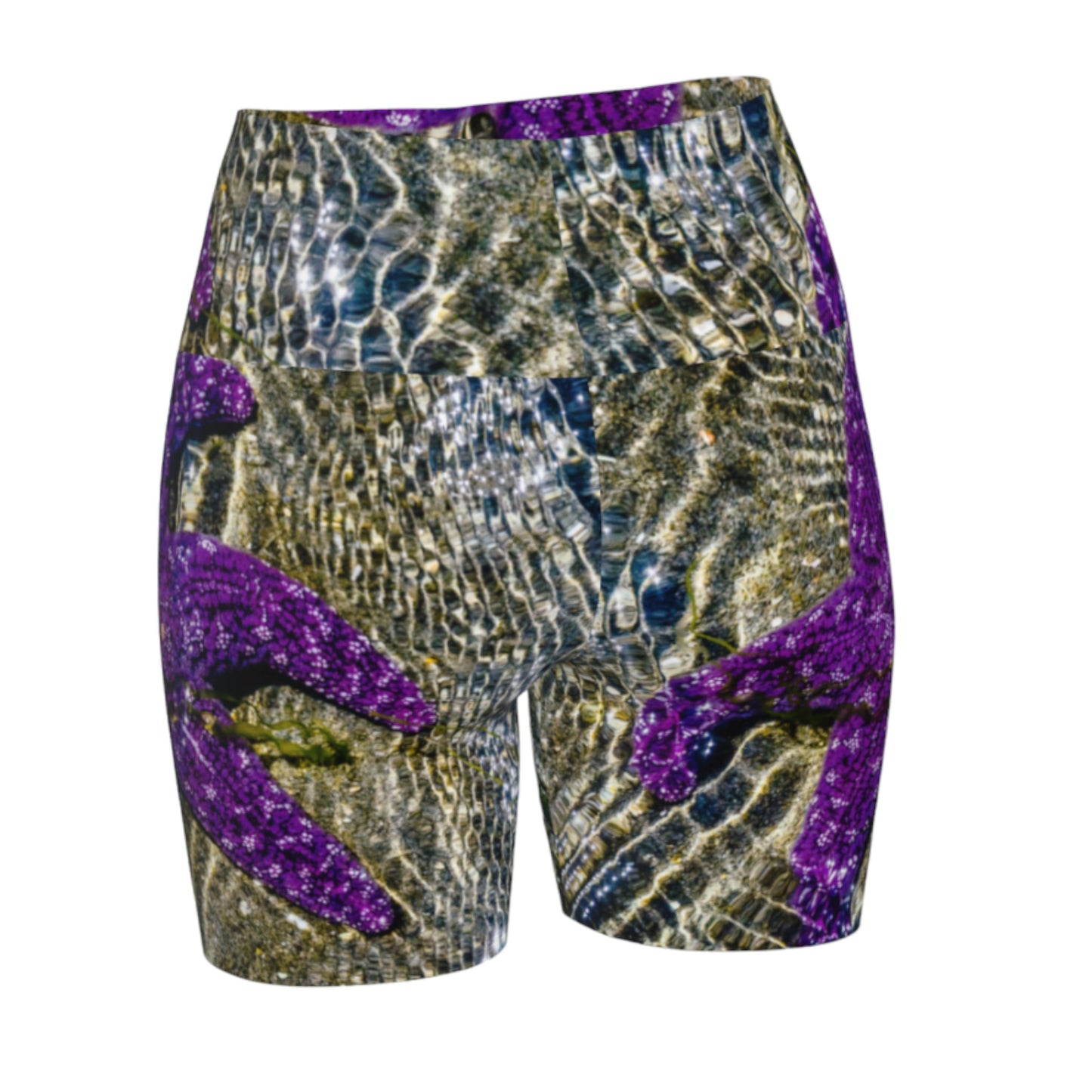 Amazing Starfish Yoga shorts features an all over print of an amazing purple starfish just under the water at low tide.