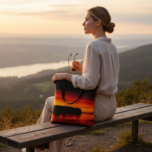 Woman sitting on a bench with a colorful bag, holding sunglasses, against a scenic backdrop.