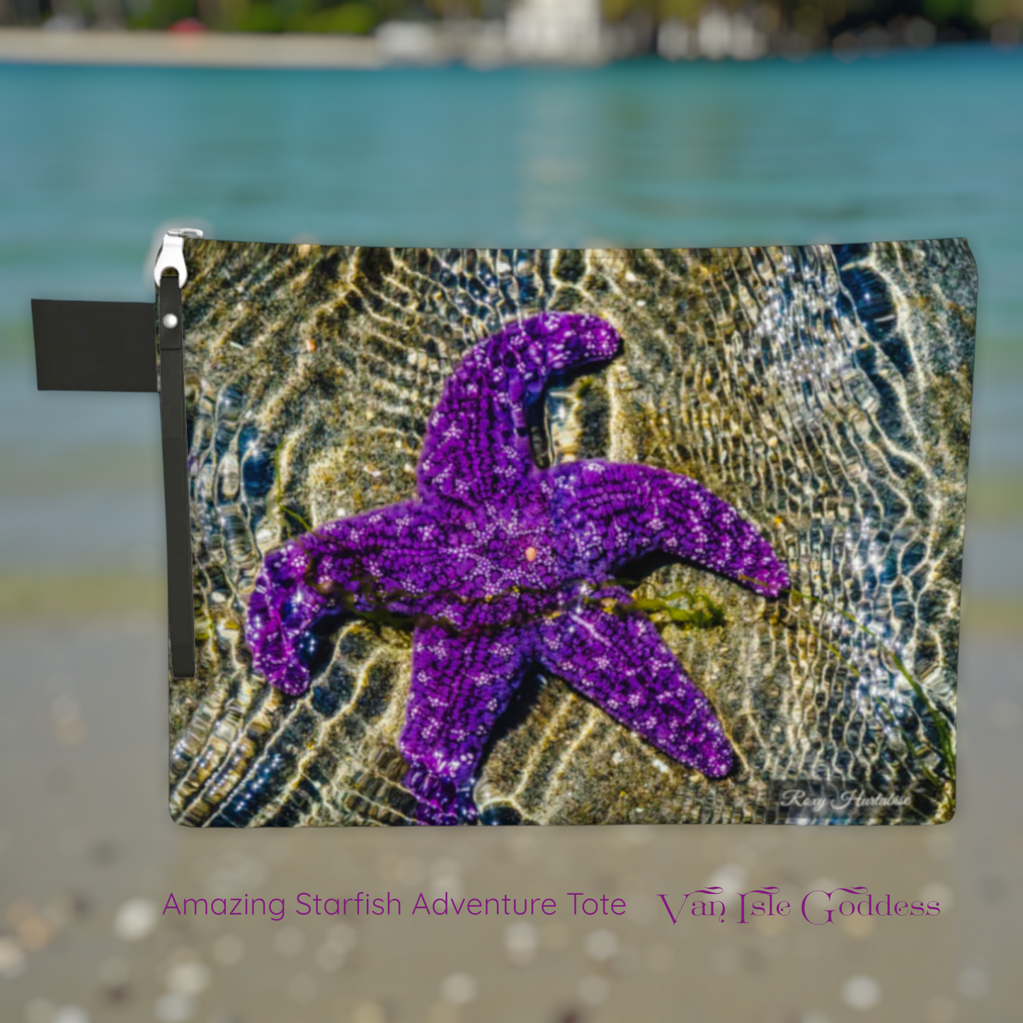 Purple starfish design on a textured surface with water in the background