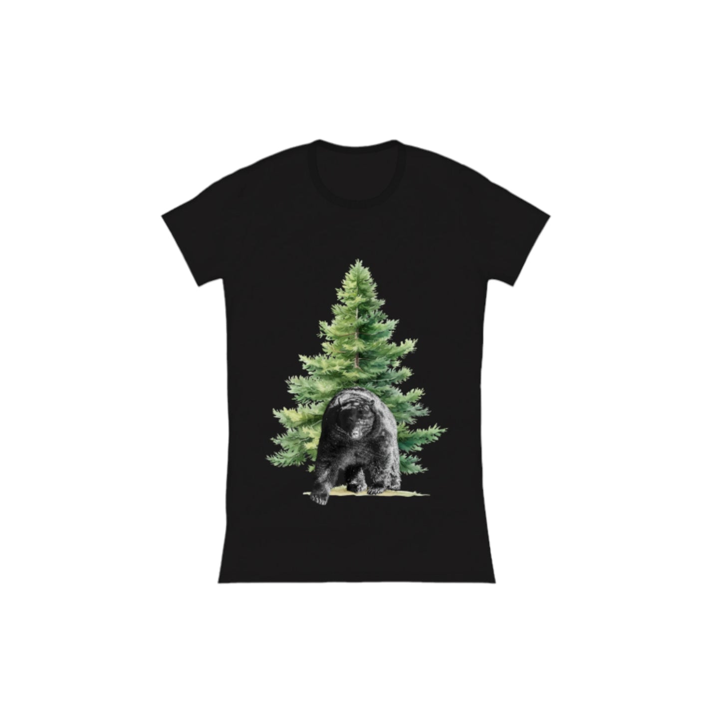 Observant Bear Comfort Slim Fit T-Shirt. The image is of a bear in front of a tree. by van isle goddess dot com
