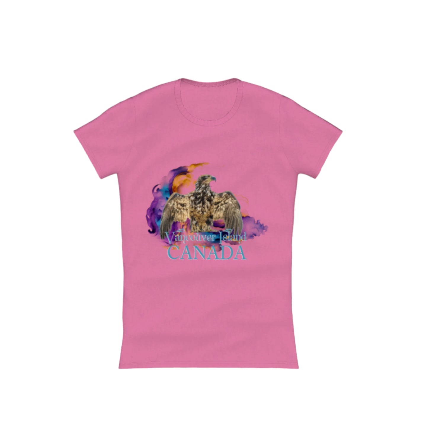 Thunderbird Vancouver Island Canada Comfort Slim Fit T-shirt. the image is of a eagle in the thunderbird position with a colourful abstract background. the words read Vancouver Island Canada