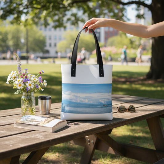 Tote bag with a scenic design on a picnic table in a park