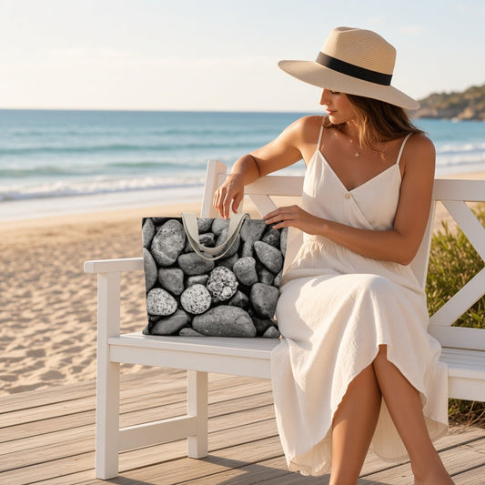 A woman in a white dress and straw hat sits on a white bench at the beach, holding a tote bag with a black-and-white pebble print. The background shows the ocean, sand, and wooden boardwalk.