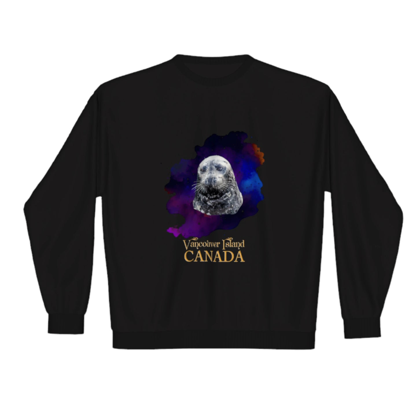 I Love Lucy Vancouver Island Canada Premium Crewneck Sweatshirt. The image is of a harbour seal with a colourful abstract background.
