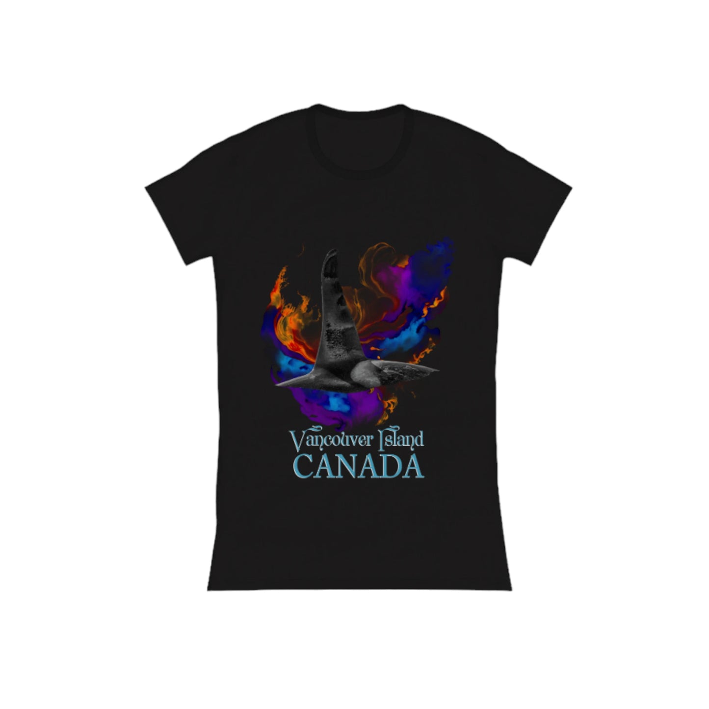 Orca Aura Vancouver Island Canada Comfort Slim Fit T-shirt. The image is of a male orca dorsal fin with an abstract of purple, blue gold background. by van isle goddess dot com
