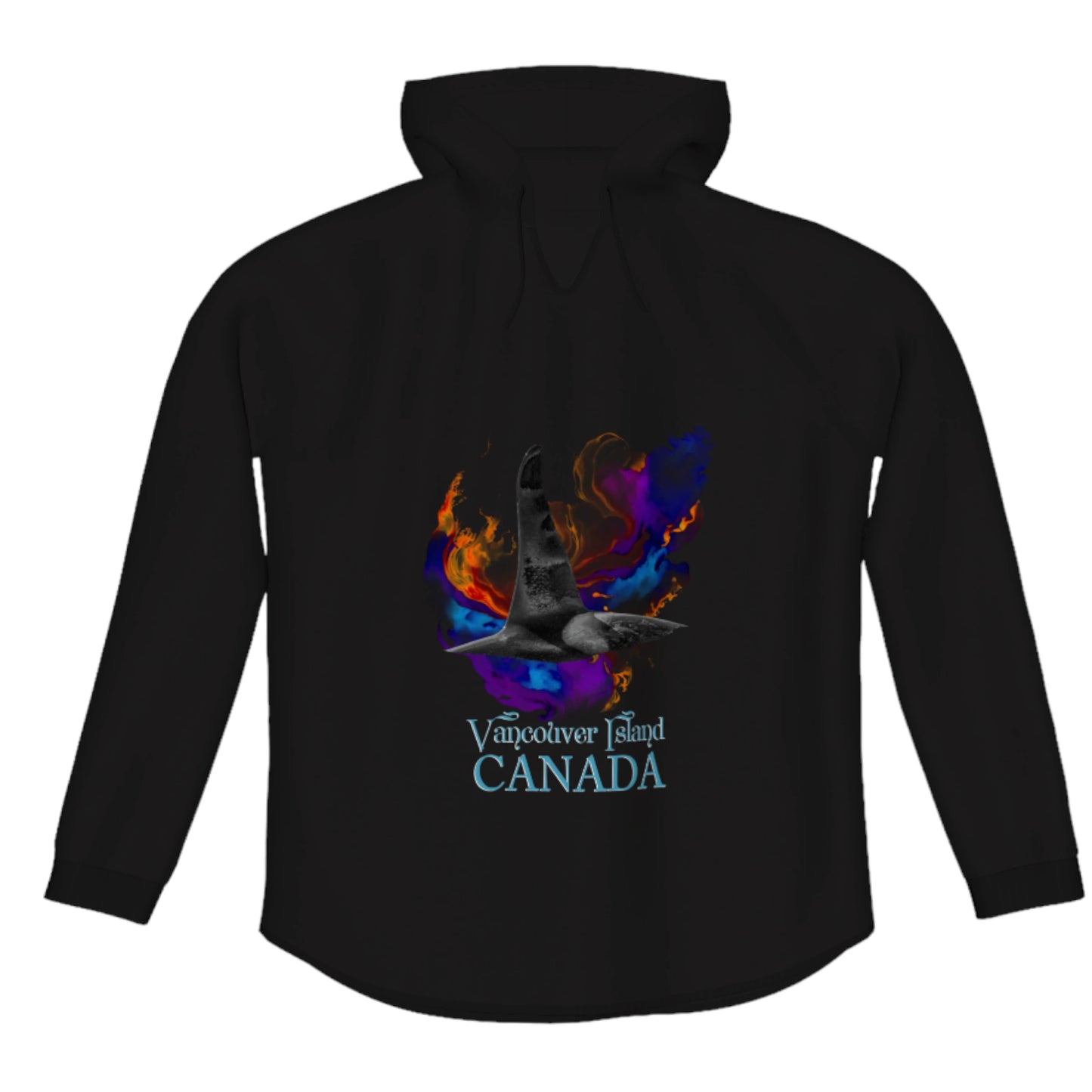 Orca Aura Vancouver Island Canada Flow Pullover Hoodie. The image is of a male orca dorsal fin on a colourful abstract background. the words read Vancouver Island Canada