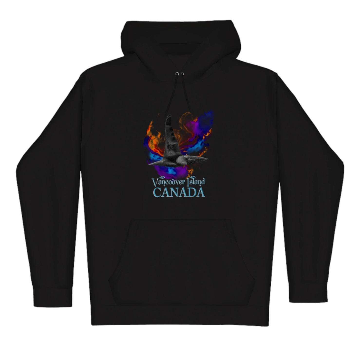 Orca Aura Vancouver Island Canada Premium Pullover Hoodie. The image is of male orca dorsal fin with a colourful abstract background. The words read Vancouver Island Canada.