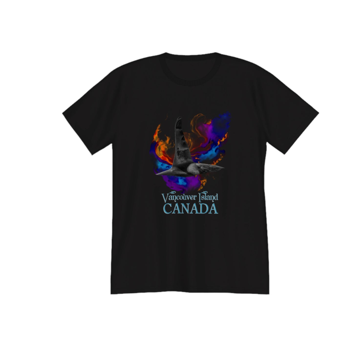 Orca Aura Vancouver Island Canada Premium Unisex t-shirt. The image on the front if of a male orca dorsal fin as it dives back into the water after taking a fresh breath of air. A abstract of colours envelops the orca. by van isle goddess dot com