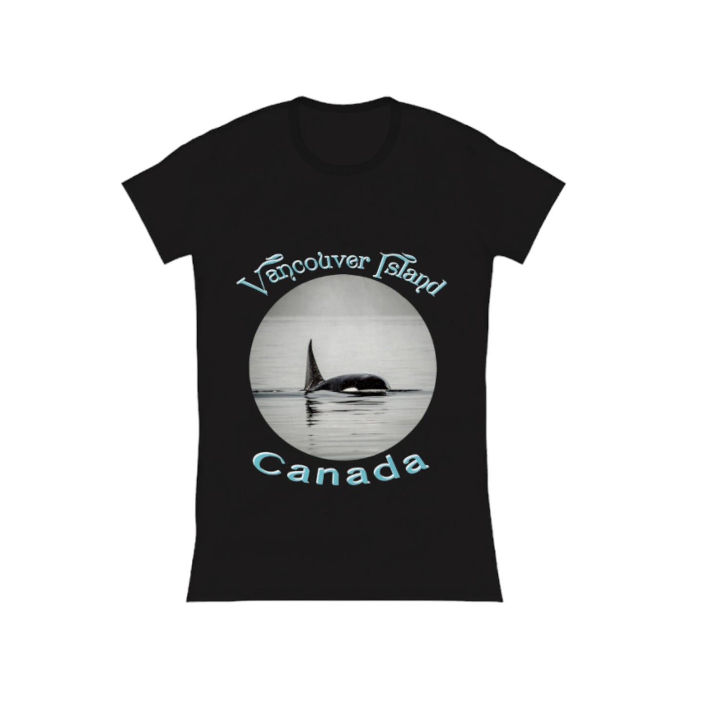 Orca Spray Vancouver Island Canada Comfort Slim Fit T-shirt. The image on the front of the t shirt is a orca in the ocean . The words on the shirt read vancouver island canada