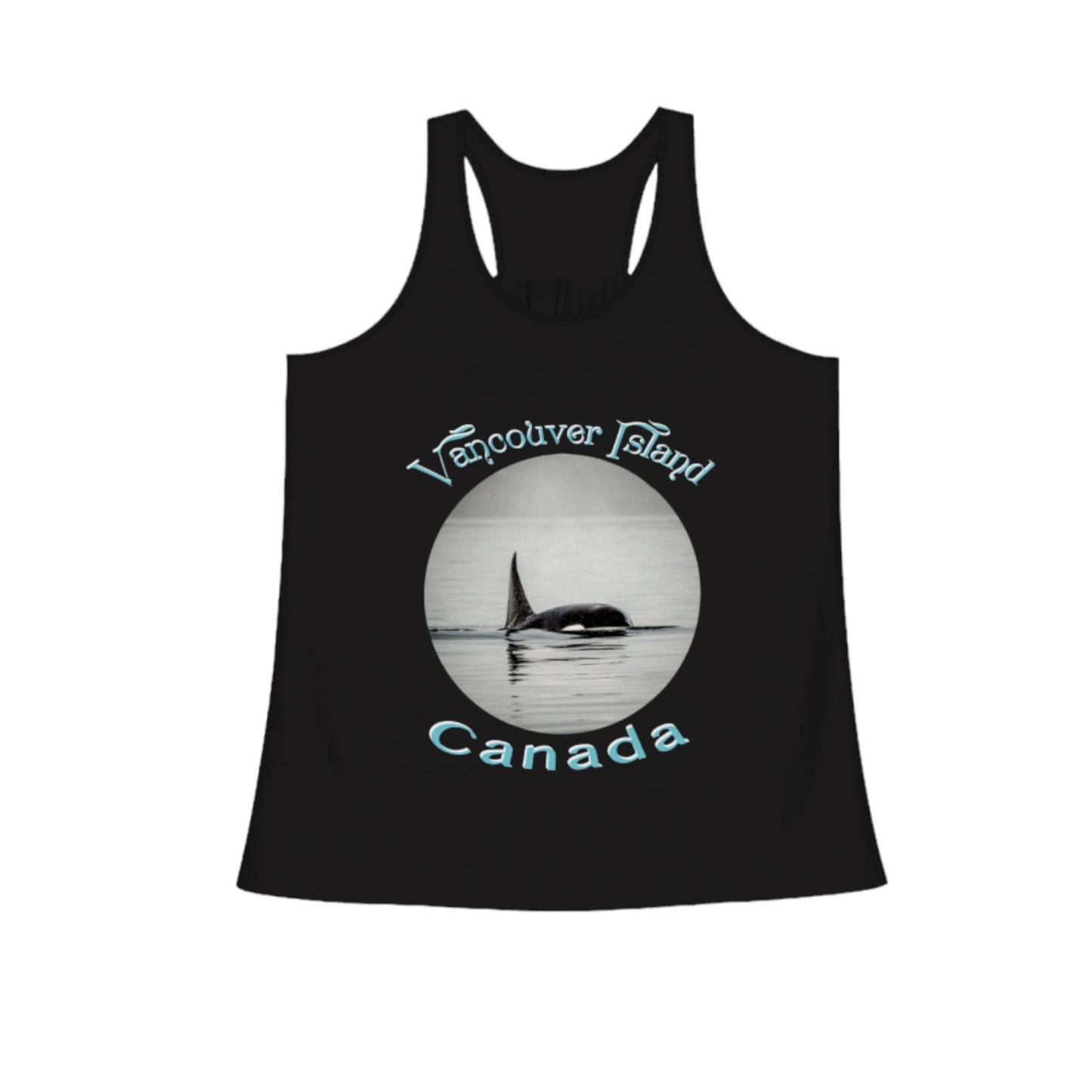 Orca Spray Vancouver Island Canada Flow Racerback Tank Top. The image on the front shows two sea lions on a abstract ocean blue background. By van isle goddess dot com