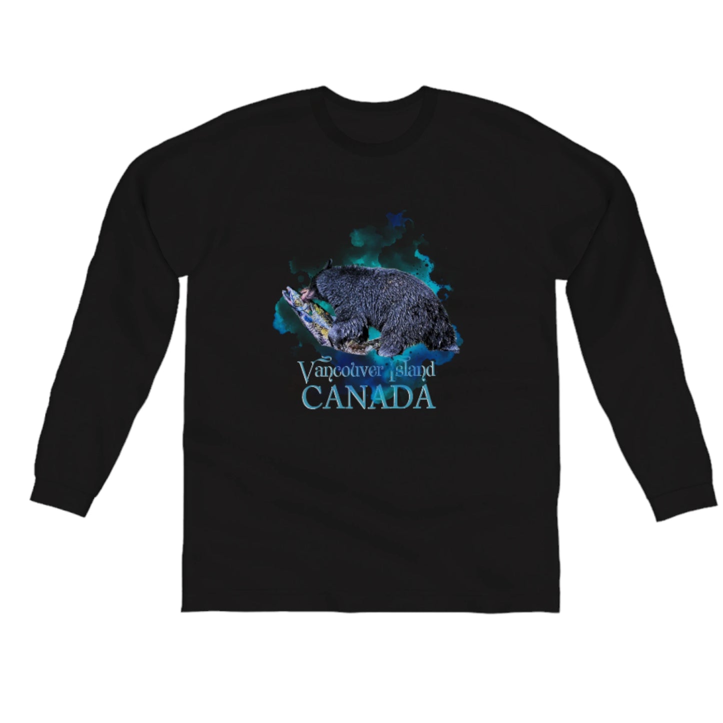 Salmon Bear Vancouver Island Canada Comfort Long Sleeve Unisex T-shirt. The image is of a bear with a fresh caught salmon in its mouth. The words on the shirt say Vancouver Island Canada. by van isle goddess dot com