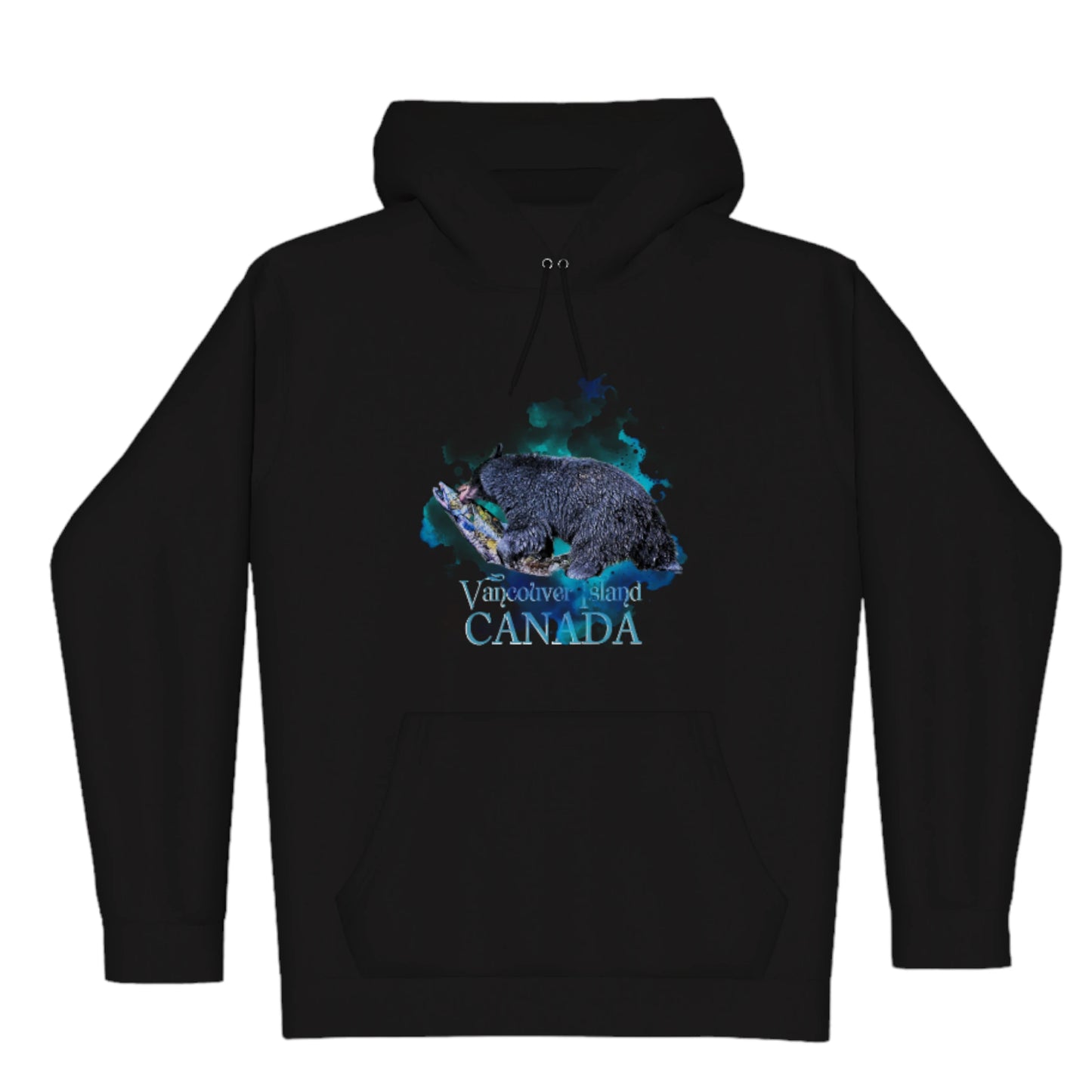Salmon Bear Vancouver Island Canada Premium Pullover Hoodie. The image is of a bear with a fresh caught salmon in its mouth. The background is a colourful blue turquoise abstract.