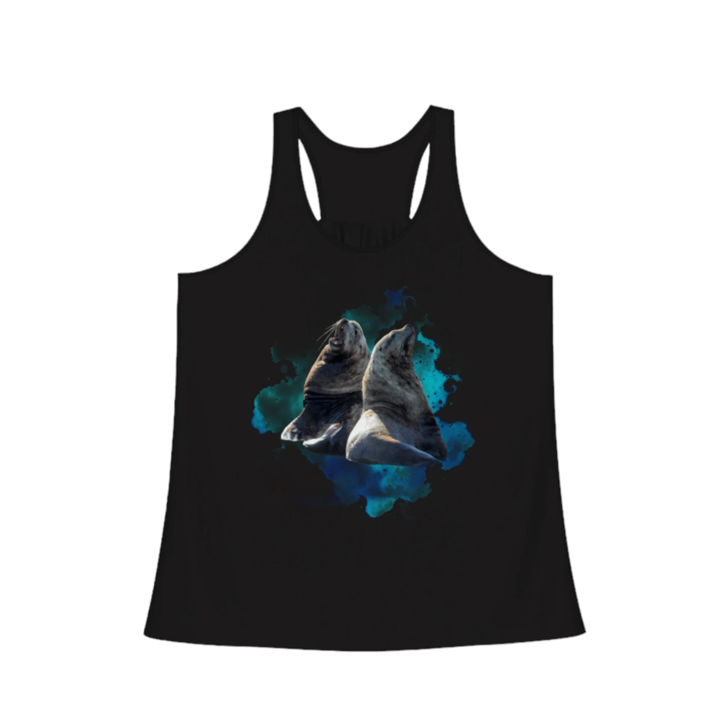 Sea Lions Communication Flow Racerback Tank Top in black. The image on the front shows two sea lions on a abstract ocean blue background. By van isle goddess dot com