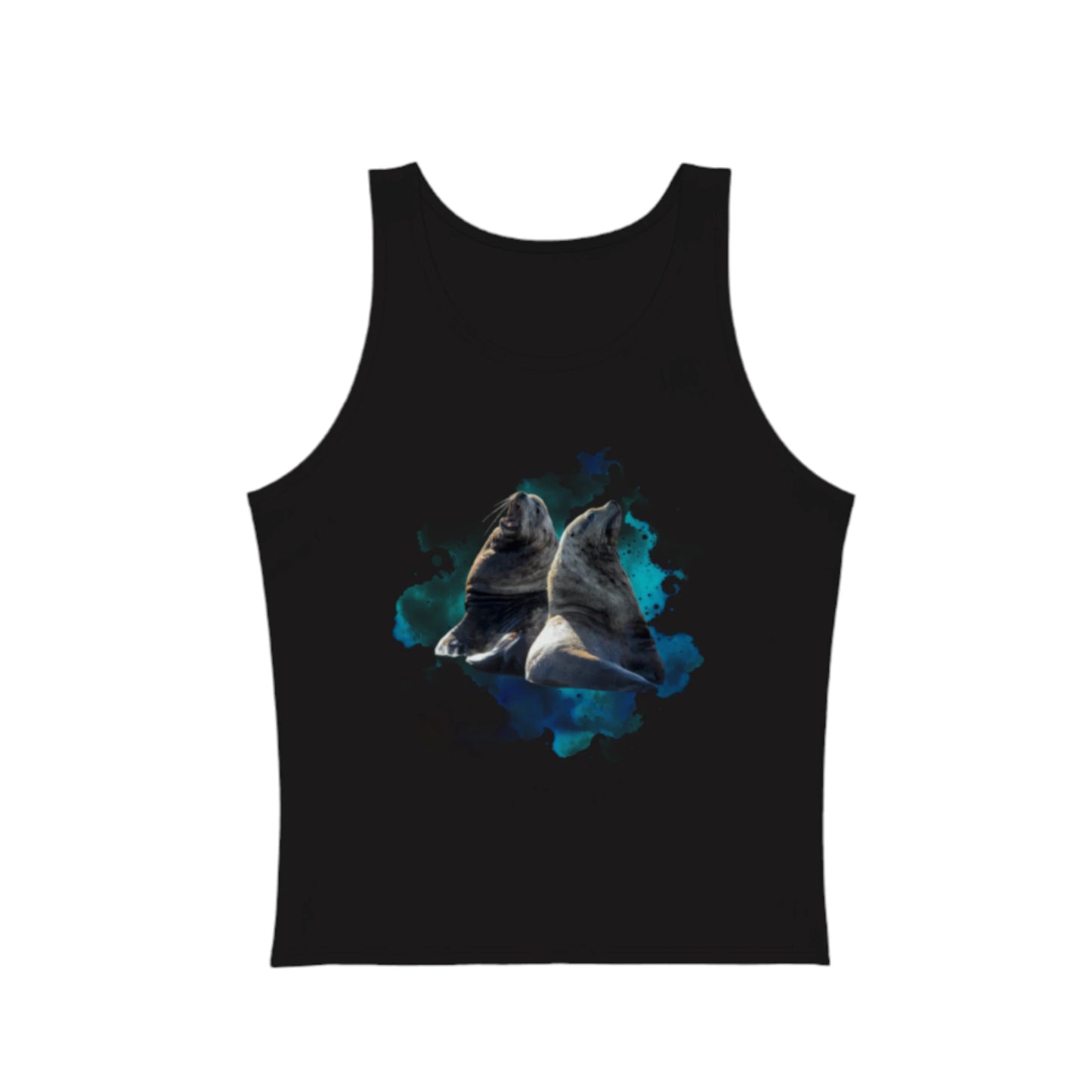 Sea Lions Conversation Premium Unisex tank top. The image is of two very large sea lions with a swirl of blue abstract colours of the ocean water. by van isle goddess dot com