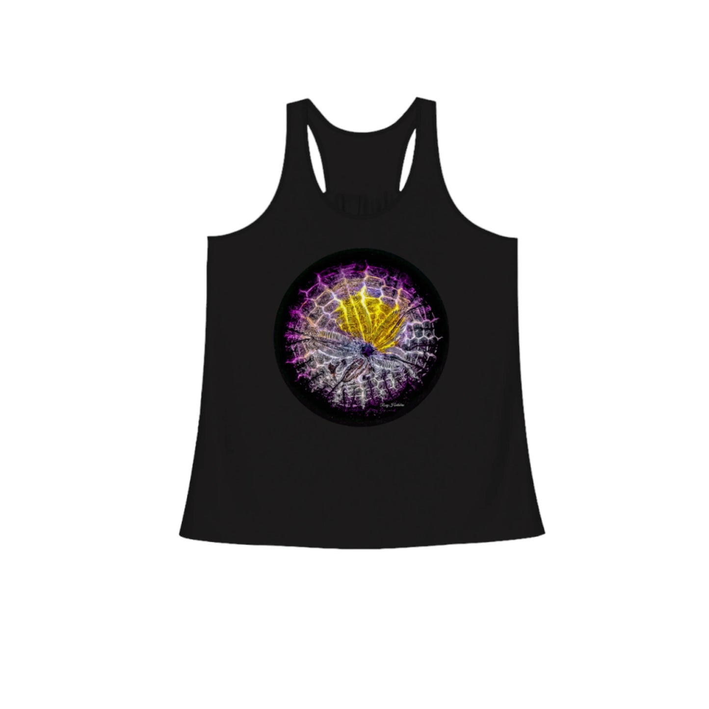 Spotlight Sand Dollar Flow racerback tank top. The image on the front is of a sand dollar. by van isle goddess dot com