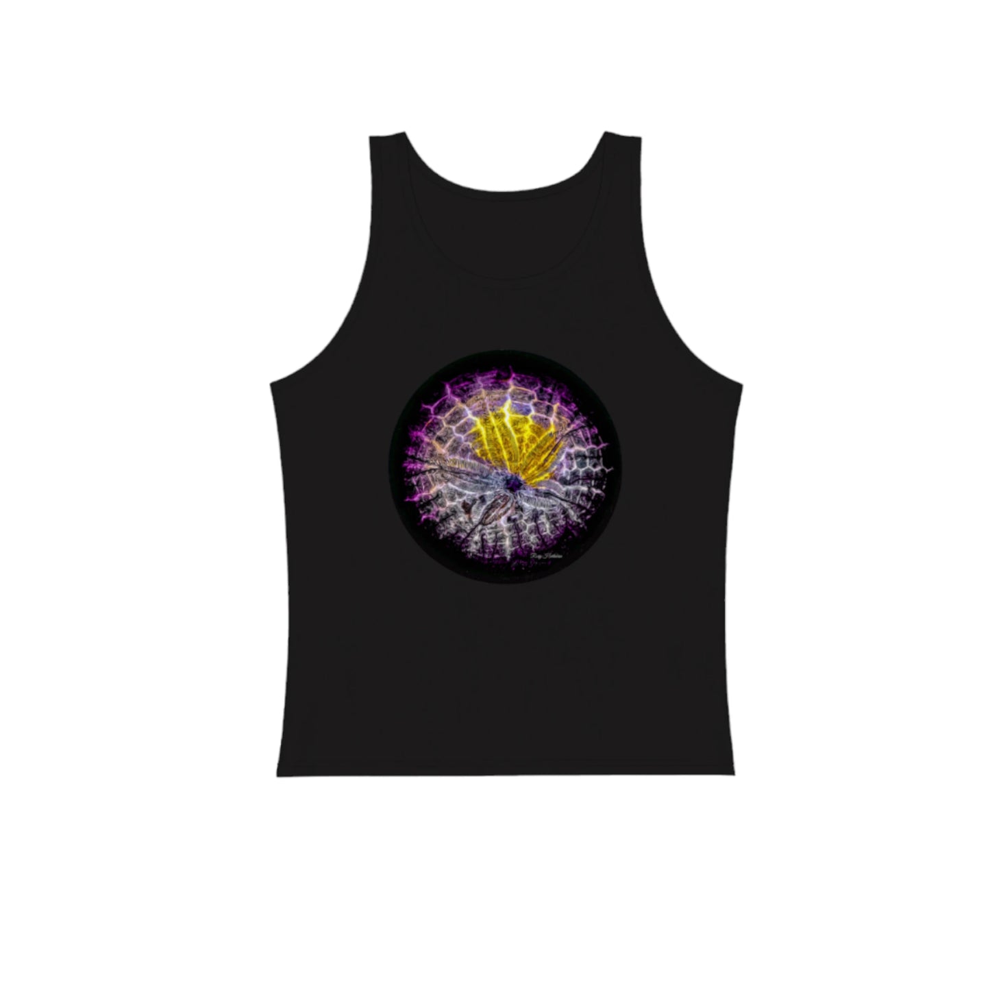 Spotlight Sand Dollar Premium Unisex Tank Top in black. The image on the front of the top is of a sand dollar artwork by roxy hurtubise van isle goddess dot com