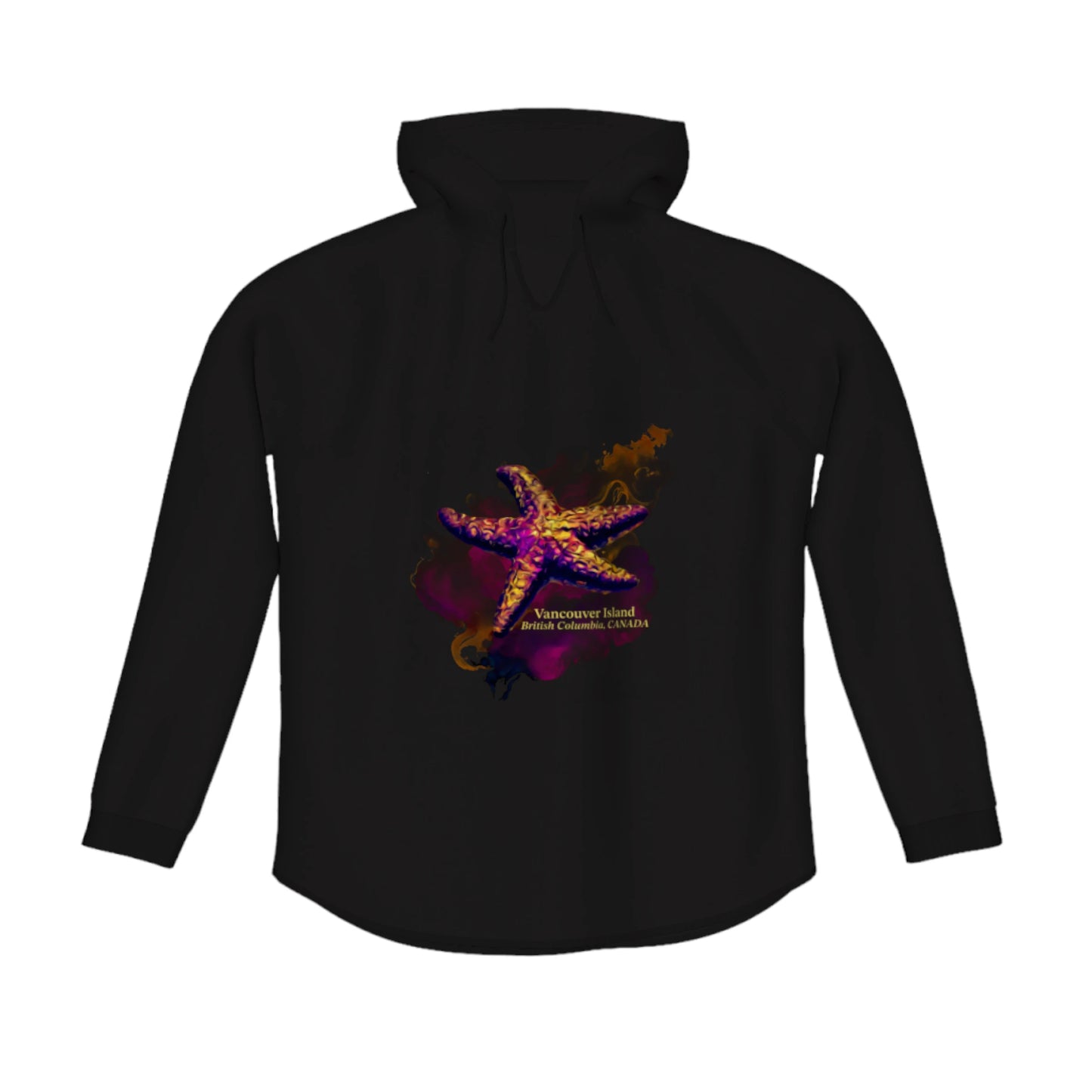 Star Track Vancouver Island BC Canada Flow Pullover Hoodie. The image is of a starfish with a colourful abstract background. The words read Vancouver Island, British Columbia, Canada.