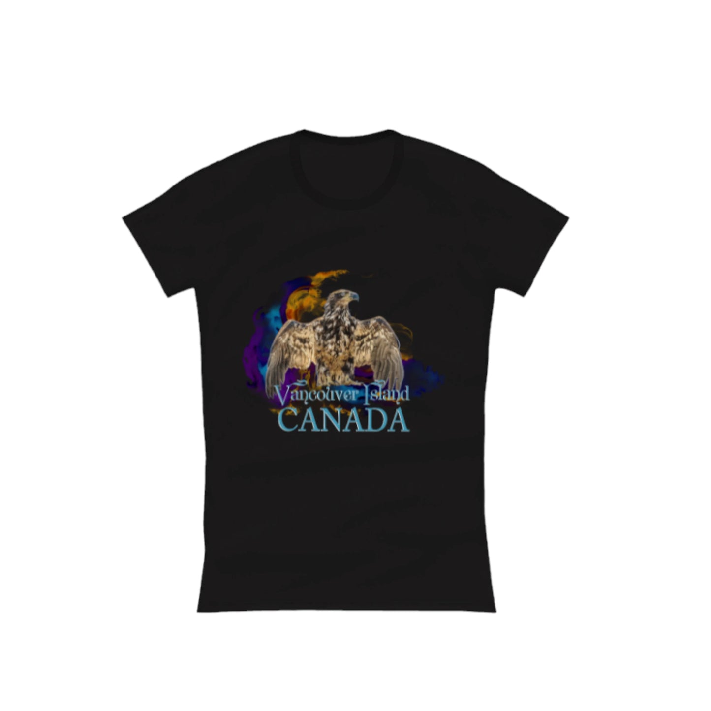 Thunderbird Vancouver Island Canada Comfort Slim Fit T-shirt. the image is of a eagle in the thunderbird position with a colourful abstract background. the words read Vancouver Island Canada