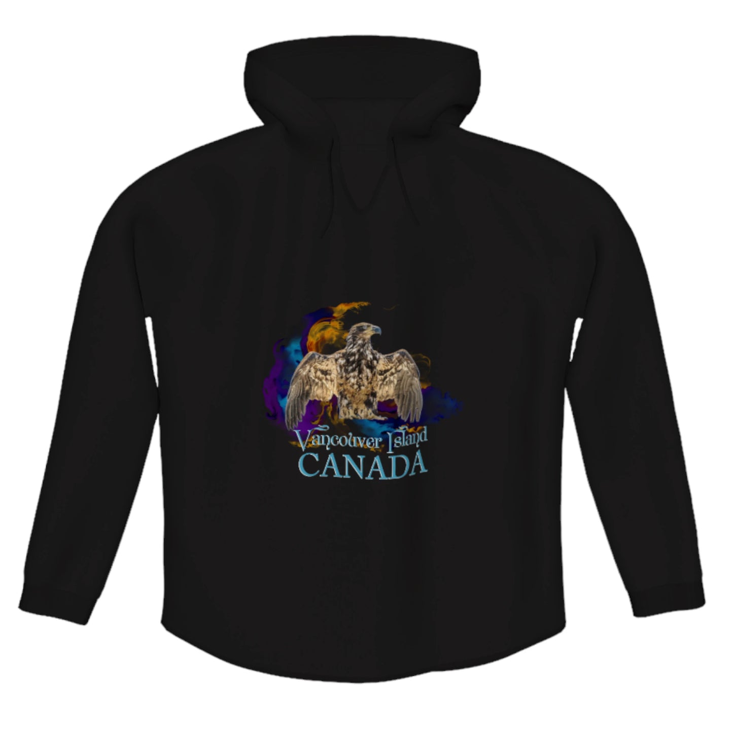 Thunderbird Vancouver Island Canada Flow Pullover Hoodie. The image is of a eagle in the thunderbird position with a colourful abstract background. The words read Vancouver Island Canada.