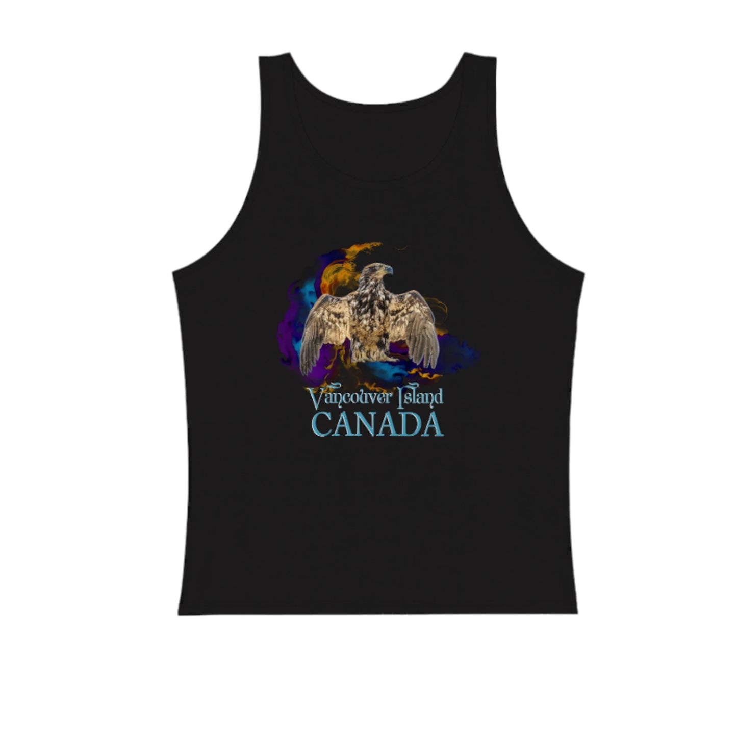 Thunderbird Eagle Vancouver Island Canada Premium Unisex tank top in black. The image on the front of the tank top is that of a eagle in a thunderbird position with a abstract of colors behind it. by van isle goddess dot com